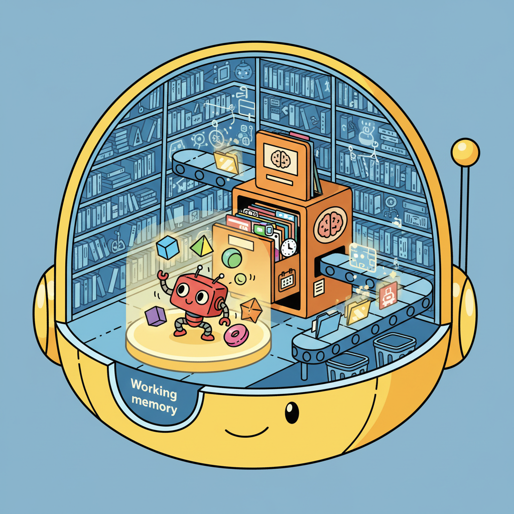 A robot brain in cross-section showing three memory compartments: a small bright workspace for active items, a medium filing cabinet with labeled folders from past conversations, and a vast library representing trained knowledge, with a conveyor belt between them