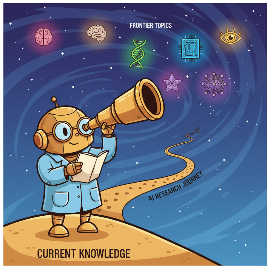 A friendly robot scientist standing on a mountain peak, looking through a giant telescope at a starry sky where each star is a different shape representing a frontier research topic, with a winding path behind showing how far AI research has climbed
