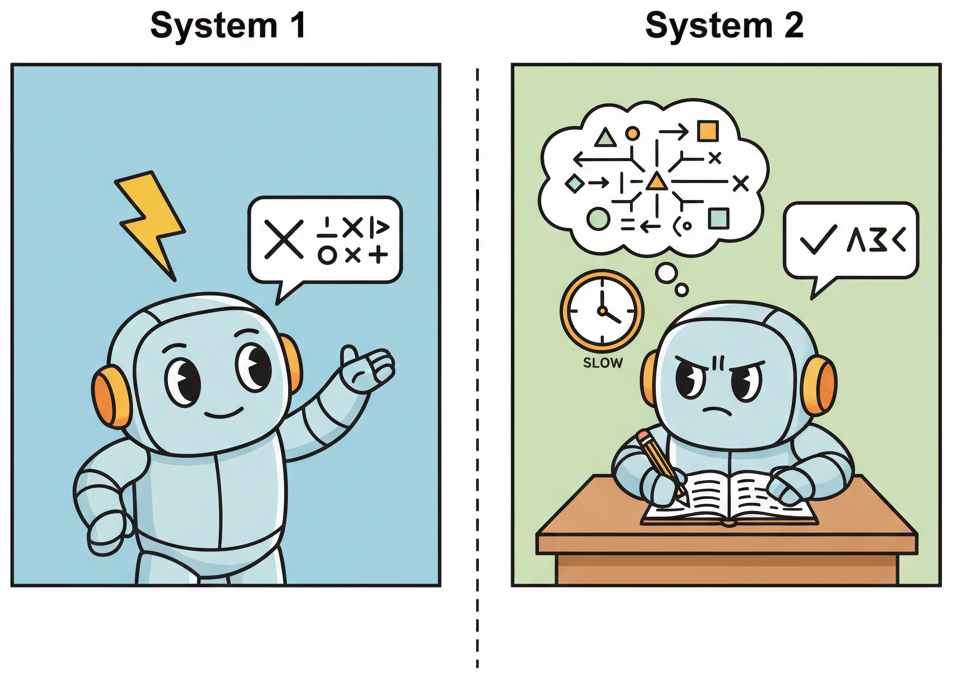 Two panels showing the same robot facing a problem: in the left panel the robot blurts an instant wrong answer with a lightning bolt, in the right panel the robot carefully works through steps on a scratch pad with branching paths and arrives at the correct answer