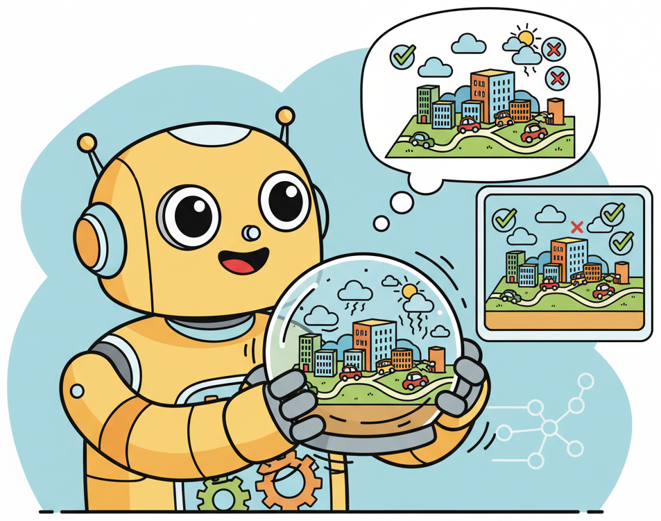 A robot holding a snow globe containing a miniature simulated world with buildings, cars, and weather, shaking it and comparing predictions against reality with green checks and red X marks