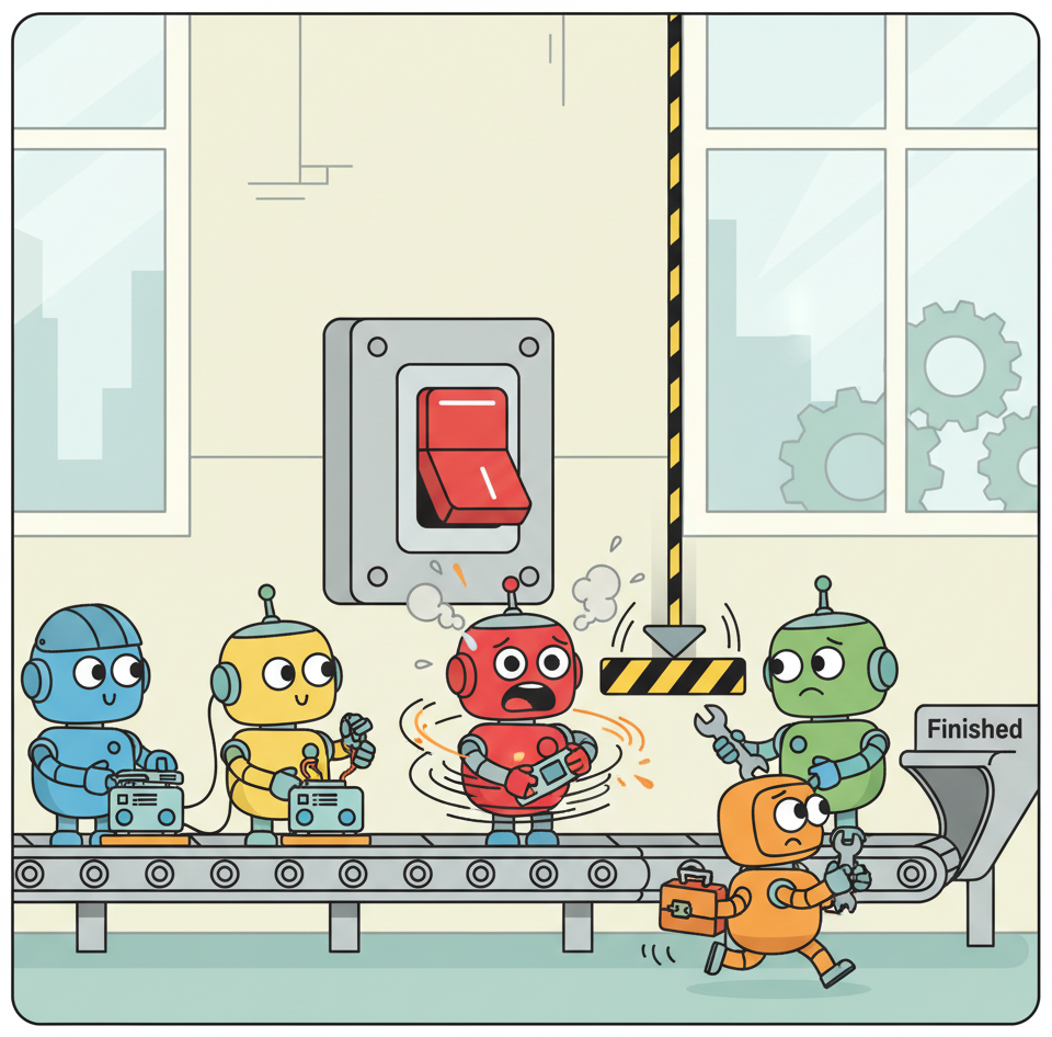 A robot assembly line where one robot has gone haywire spinning in circles, a large red circuit breaker switch has been flipped dropping a safety barrier to isolate it, while downstream robots pause and a mechanic robot rushes over with a toolkit