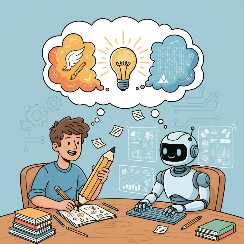 A human and a robot sitting side by side at a shared desk collaborating, the human sketching creative ideas while the robot processes data, with a combined thought bubble above showing their ideas merging into a brilliant lightbulb