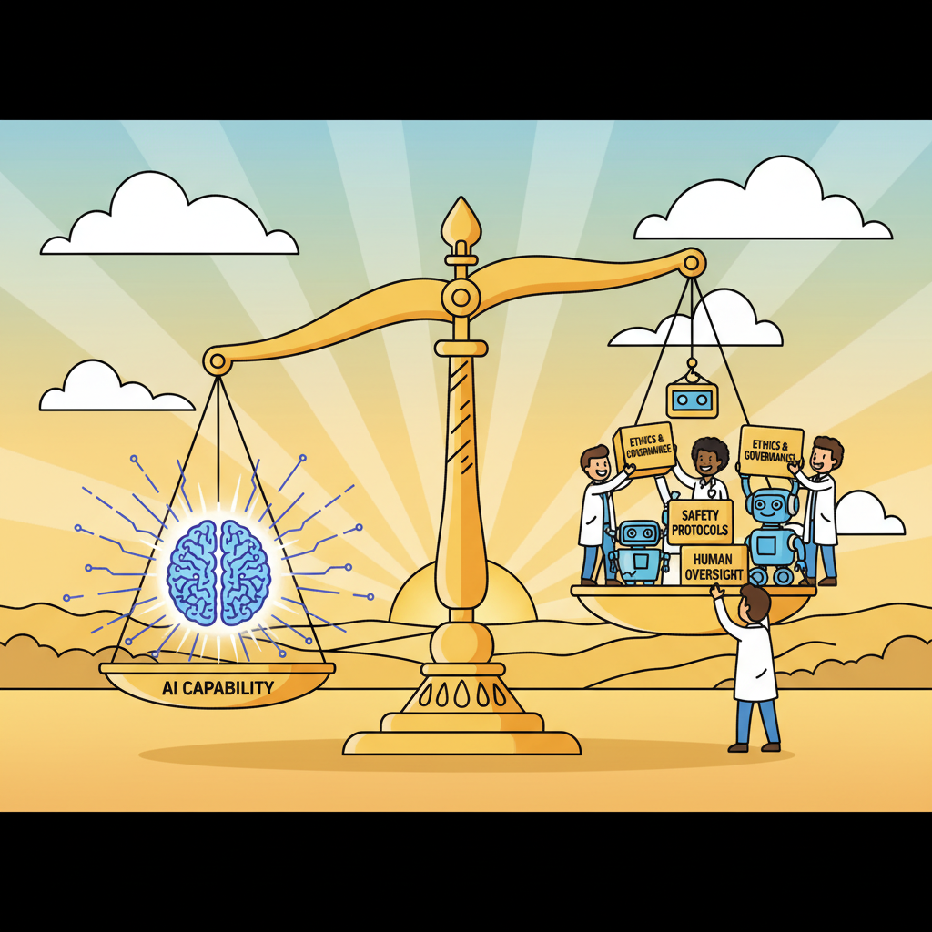 A large ornate balance scale with a powerful glowing AI brain growing on one side, while a group of friendly humans and small robots work together to add weights on the other side, set against a sunrise horizon