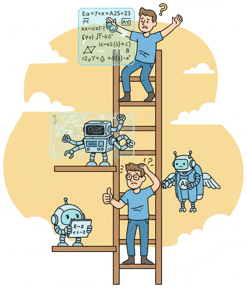 A human climbing a tall ladder to check increasingly capable robots on higher platforms: easily evaluating a small robot at the bottom, struggling with a medium robot in the middle, and unable to reach a large robot at the top until a helper robot offers a jetpack