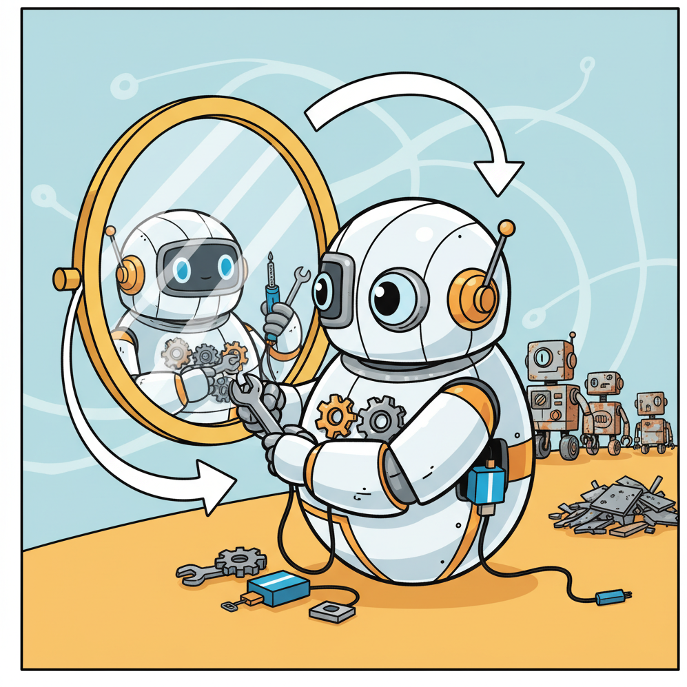A robot looking into a mirror seeing a slightly improved version of itself, with a trail of progressively less refined previous versions stretching into the past, and the robot adjusting its own gears based on its reflection