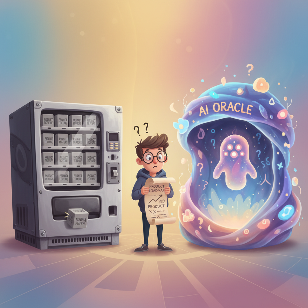 A traditional vending machine next to a glowing AI oracle booth with probability clouds, with a developer standing between them holding a product roadmap.