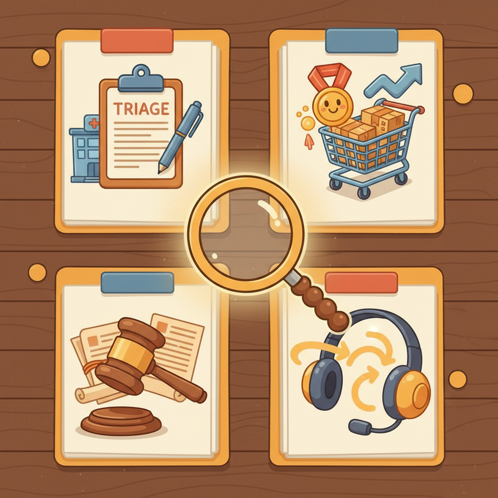 Four open case files on a desk showing different industry scenarios: hospital triage, e-commerce ranking, legal review, and customer support routing, with a magnifying glass hovering above.