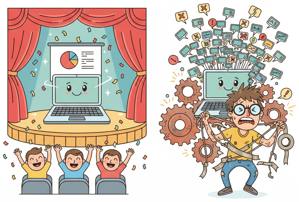 Split-screen scene contrasting a small stage demo with confetti and a cheering audience on the left, with a stressed developer on the right managing hundreds of users, error bubbles, and grinding gears held together with tape.