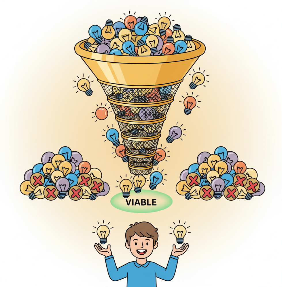 A large funnel filled with dozens of colorful lightbulb ideas at the top, passing through five progressively finer filter layers. Most lightbulbs bounce off with red X marks at each stage, while only two or three emerge at the bottom into a green viable zone. A product manager stands below catching the survivors.