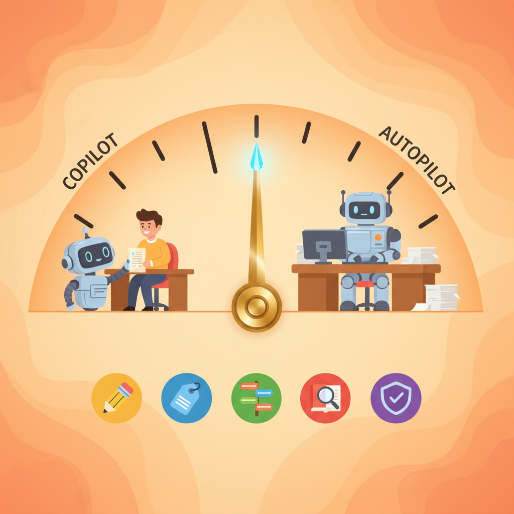 A horizontal spectrum dial from Copilot to Autopilot, with five role icons below: pencil for drafter, tag for classifier, signpost for router, magnifying glass for researcher, checkmark shield for verifier.