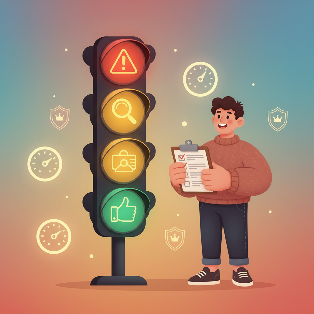 A traffic light with risk, assessment, and feasibility icons in its three lights, with a product manager holding a scorecard beside it.