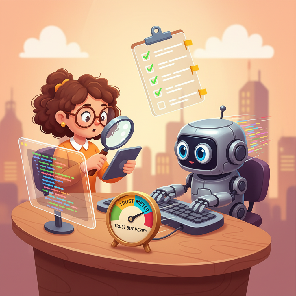 A human developer and a small AI robot pair-programming at a shared desk, with the human holding a magnifying glass and a trust meter between them.
