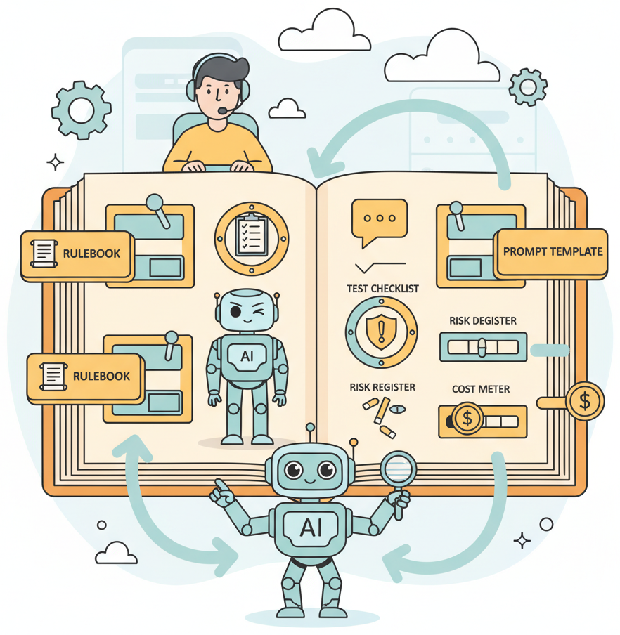 A developer sitting at a control panel shaped like an open book, where the pages have become levers, dials, and switches representing different document types: a rulebook, a test checklist, a prompt template, a risk register, and a cost meter. Arrows flow from the controls to a friendly AI robot whose posture shifts based on which lever is pulled.