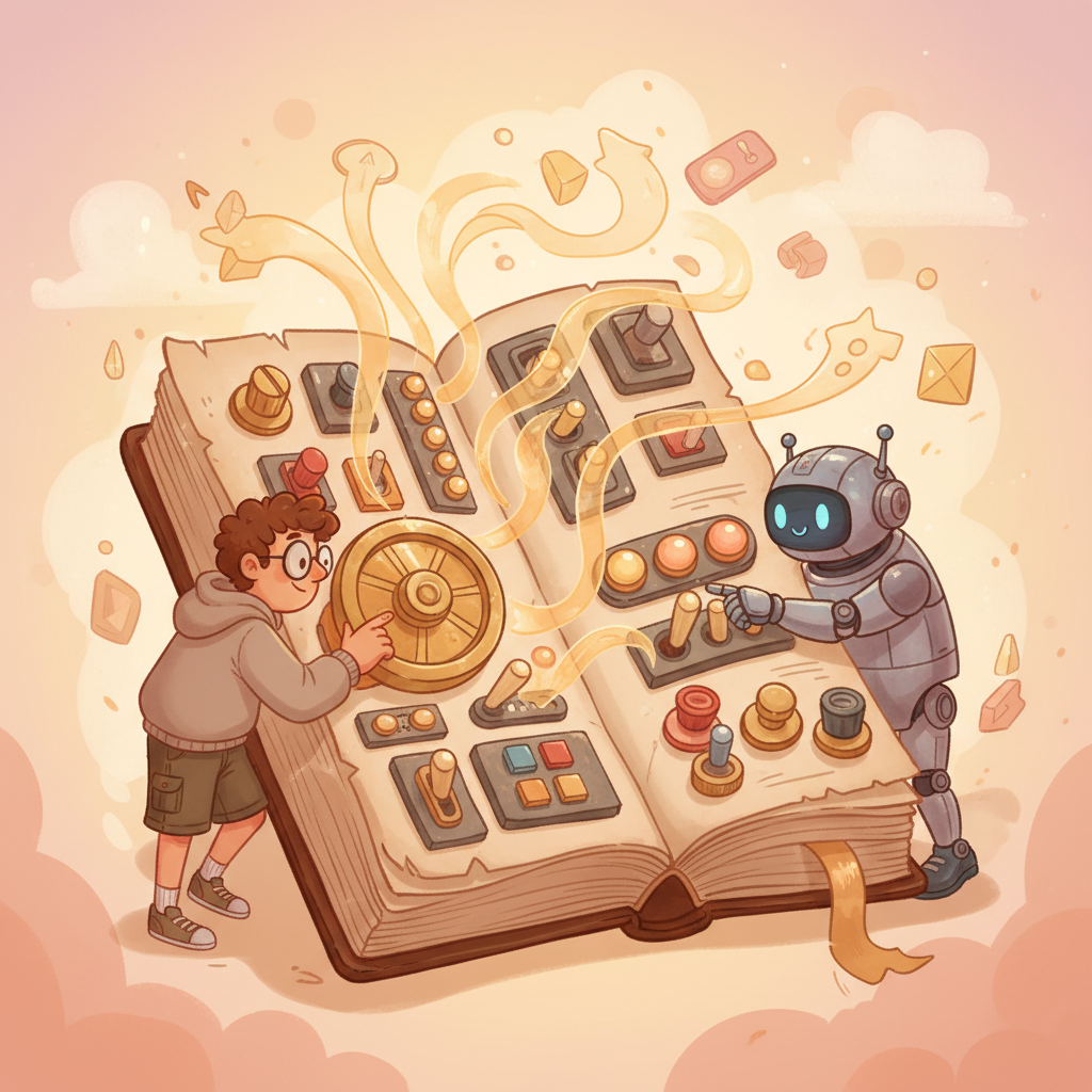 A large open book functioning as a control panel with knobs, switches, and indicator lights instead of text, with a developer and an AI robot on opposite sides.