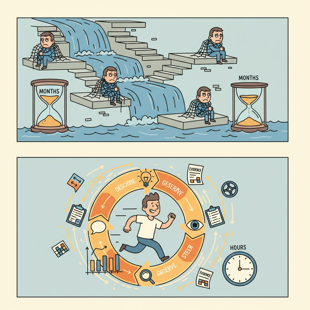 Two contrasting development workflows. Top: a long waterfall with huge steps and a bored developer waiting months at each stage with cobwebs forming. Bottom: a tight positive circular loop where a happy developer rapidly cycles through describe, generate, observe, evaluate, and steer steps, with evidence clipboards and test results flying around.