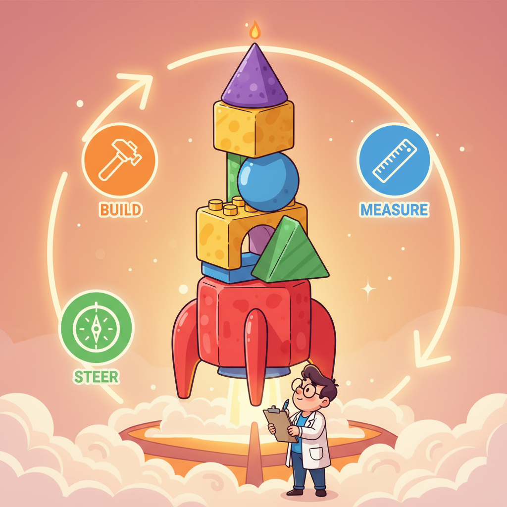 A vertical rocket launch pad built from stacked colorful building blocks, with a founder at the base and circular arrows labeled Build, Measure, Steer.