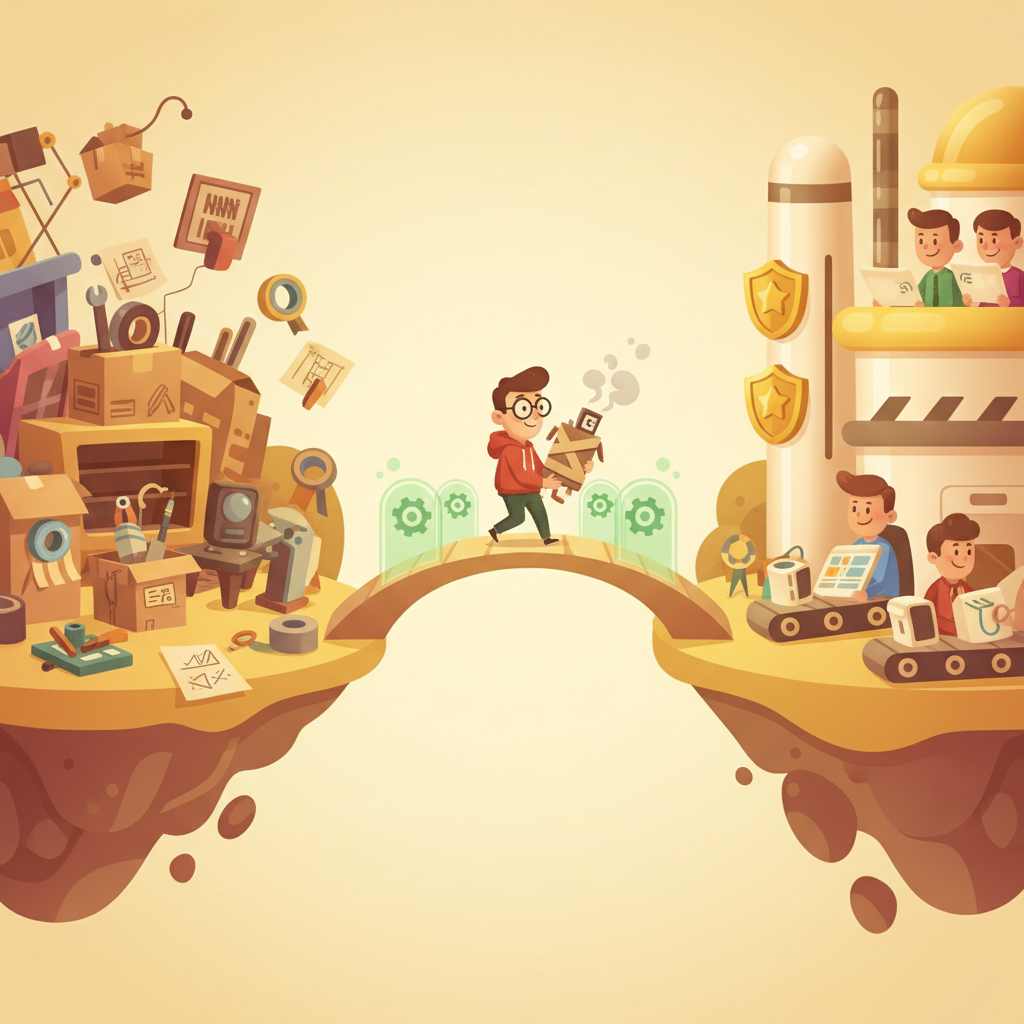 A bridge connecting two floating islands: a rough prototype workshop on the left and a polished product factory on the right, with quality gate checkpoints along the bridge.