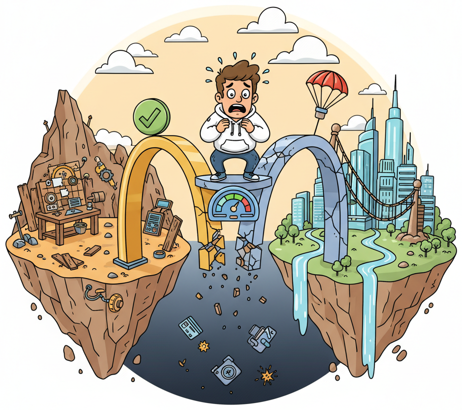 A three-legged bridge spanning from a rough workshop island labeled prototype to a polished city island labeled production. Each bridge leg carries a distinct icon: a checkmark for functional readiness, a dashboard gauge for operational readiness, and a parachute for recovery readiness. One leg has cracks showing what happens when a pillar is skipped. A developer stands nervously in the middle looking down at the gap.