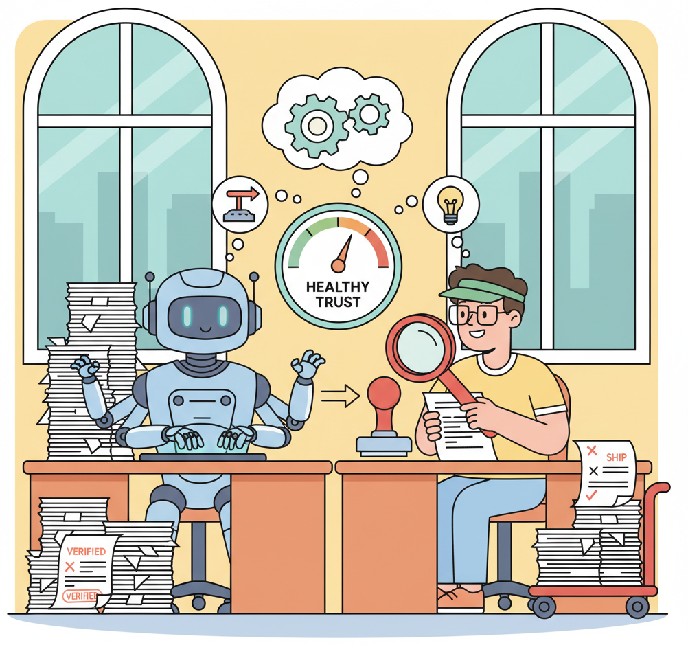 A human developer and an AI robot sitting at adjacent desks in a newsroom setting. The robot types frantically producing stacks of code pages while the human acts as editor-in-chief, reviewing each page with a red pen and magnifying glass. Some pages get a VERIFIED stamp and move to a ship pile; others get a red X and return to the robot. A trust meter between them shows a balanced, healthy middle position.