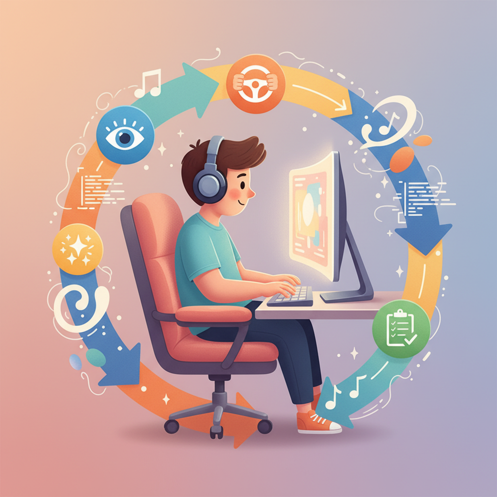 A developer at a glowing monitor surrounded by a circular loop of colorful arrows: observe, steer, generate, document.