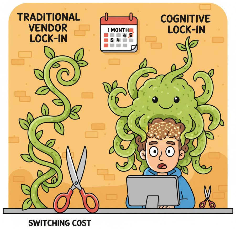 Two growth curves shown as vines growing up a wall. The left vine representing traditional vendor lock-in grows slowly and steadily. The right vine representing cognitive lock-in starts thin but then explodes exponentially, wrapping around a developer's brain like a friendly but inescapable octopus. A calendar shows time passing from one month to six months. At the bottom, a pair of scissors that could easily cut the left vine is comically too small for the right one.