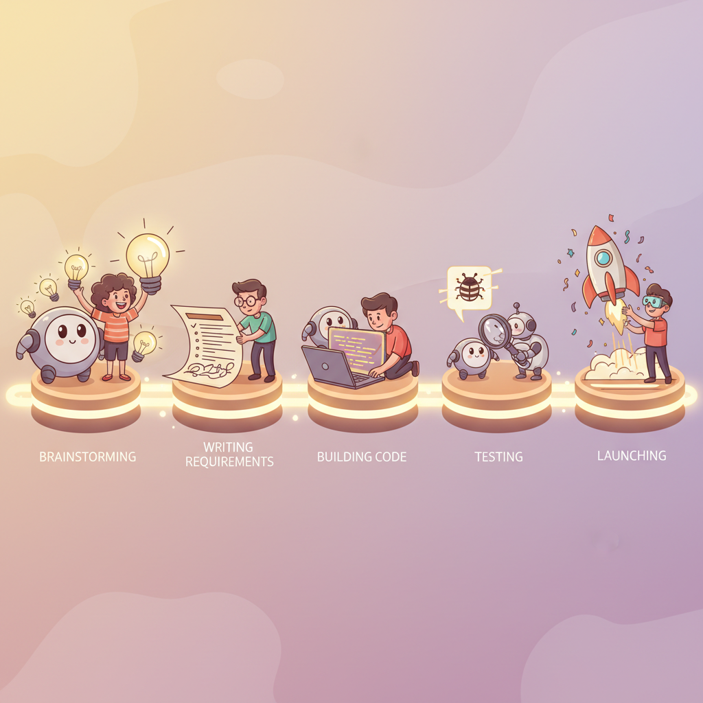A timeline path with five stations, each showing a friendly AI robot helping a human with brainstorming, requirements, coding, testing, and launching.