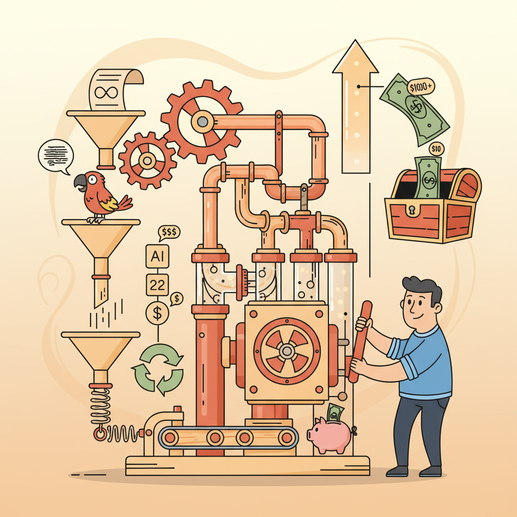 A Rube Goldberg machine representing AI cost calculation. Four input funnels feed into the machine: a long scroll for system prompt tokens, a chatty parrot for verbose output, a stack of three models with price tags for model tier selection, and a recycling symbol for caching discount. The machine outputs a dollar bill along two paths: one producing a huge expensive bill and the other a tiny cheap one. A developer pulls a lever to switch between paths.