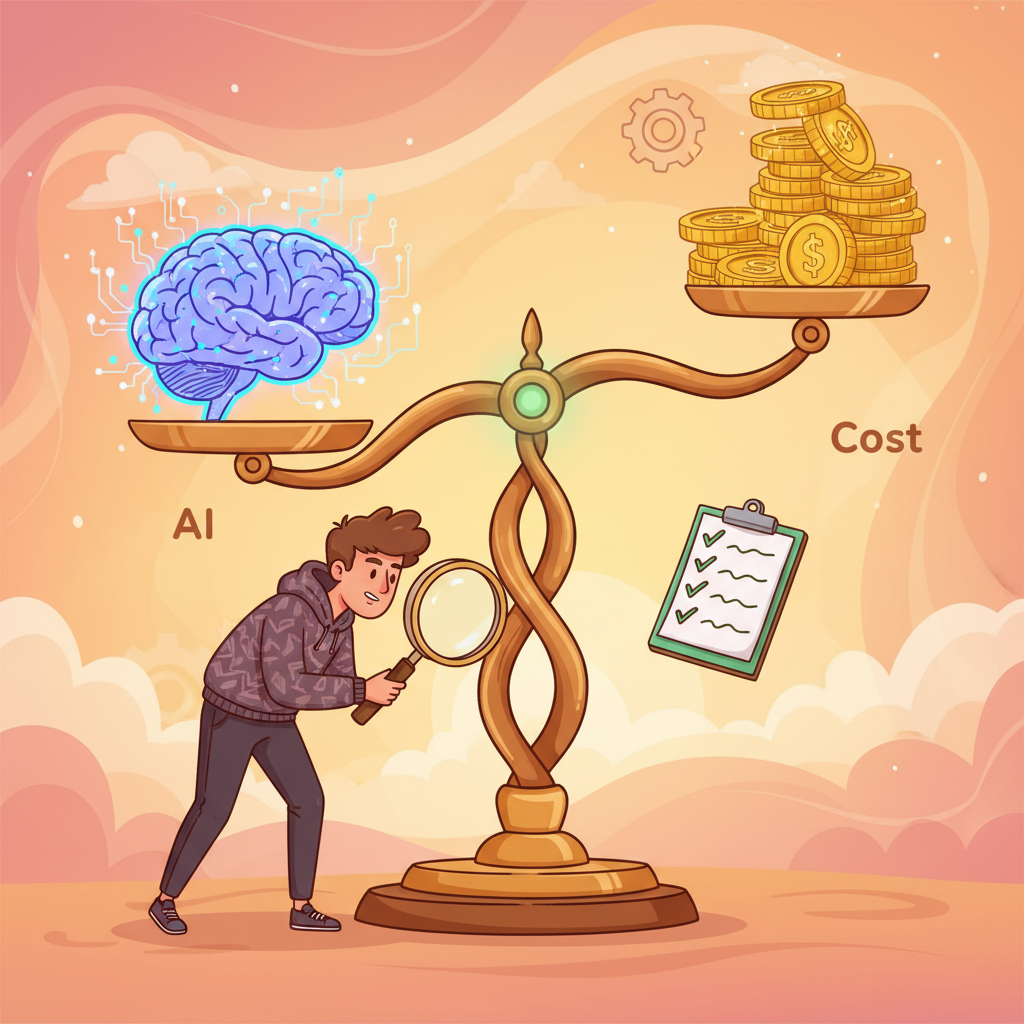 A balance scale with a glowing AI brain on one side and a stack of gold coins with token symbols on the other, with a startup founder peering through a magnifying glass.