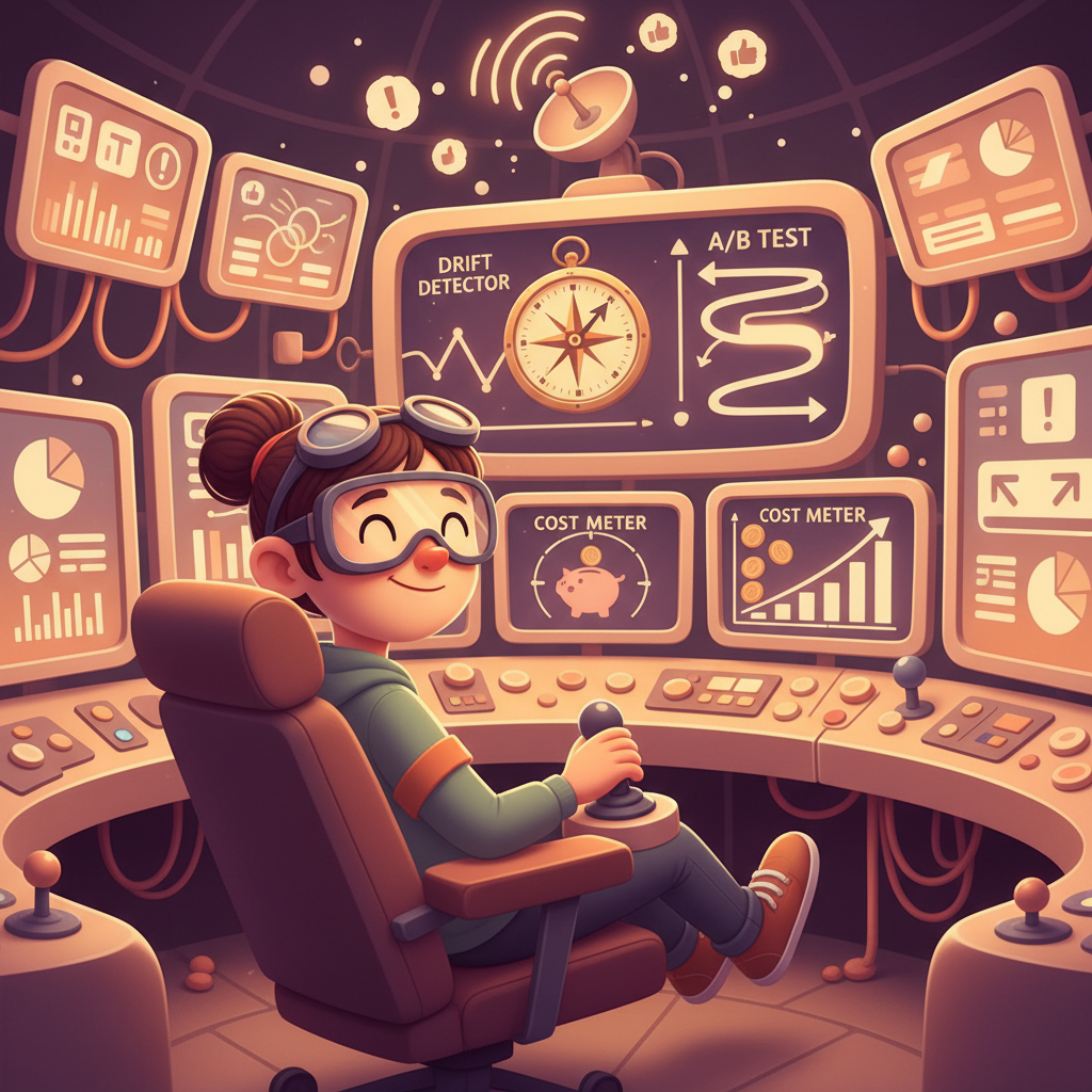 A mission control dashboard with multiple screens showing charts, alerts, and metrics, with a developer in a command chair and a satellite dish broadcasting feedback signals.