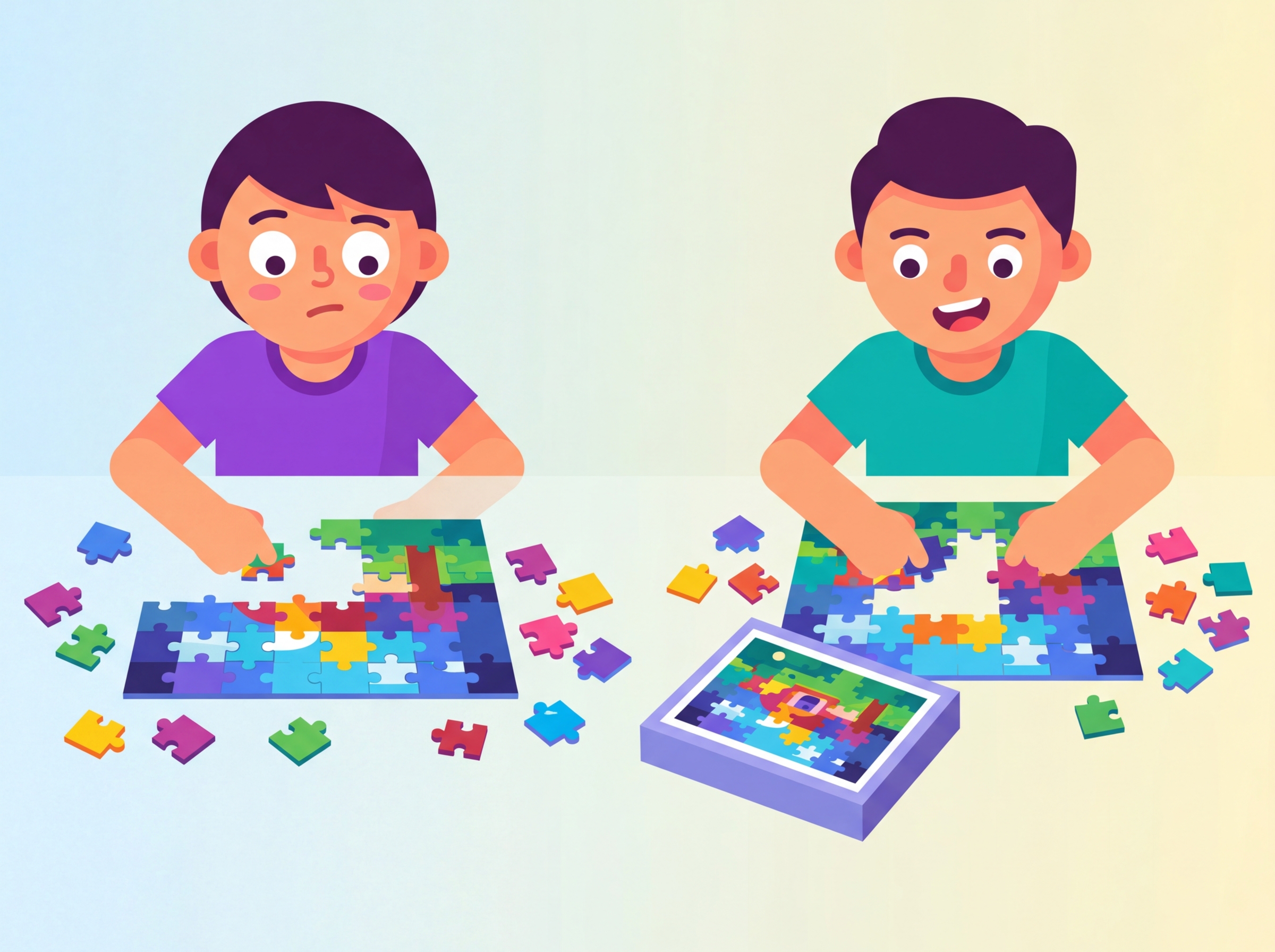 Puzzle pieces illustrating the difference between causal language modeling (predicting next tokens) and masked language modeling (filling in blanks)