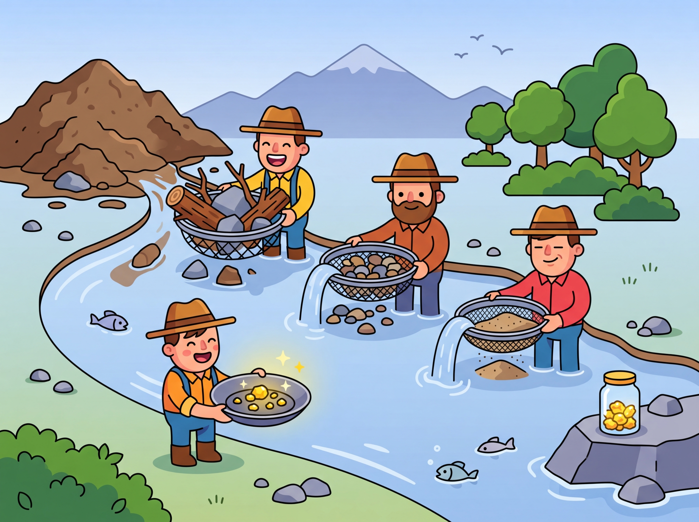 Gold panning metaphor for data curation, sifting through raw web data to find high-quality training examples