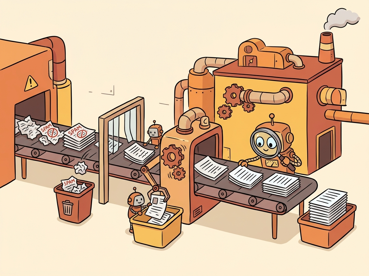 Flowchart of a data curation pipeline showing stages from raw crawl data through filtering, deduplication, and quality scoring