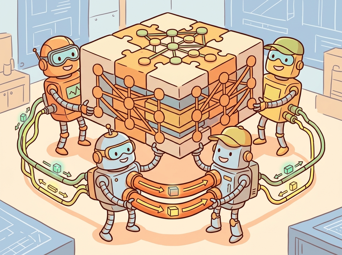 Multiple GPUs working together in a distributed training setup, splitting model and data across devices