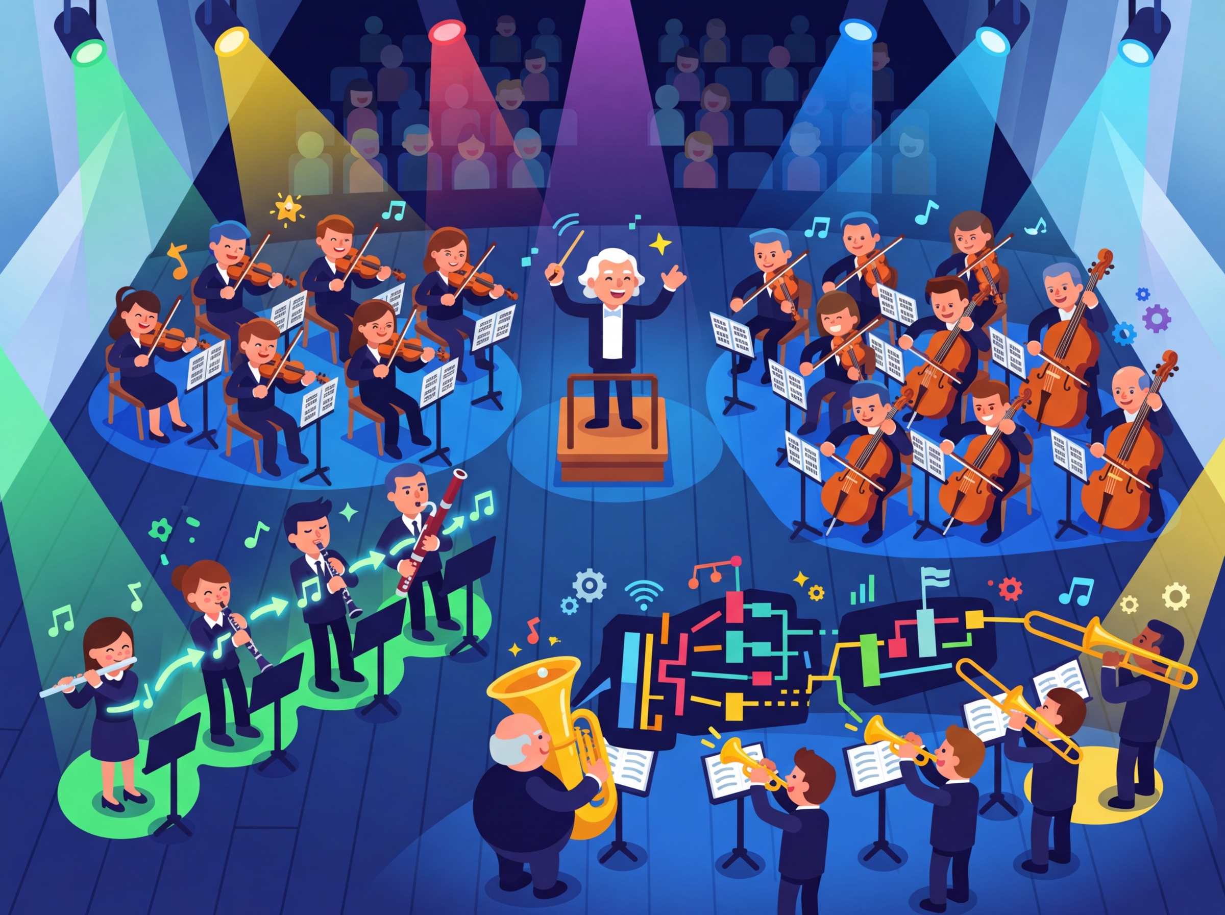 An orchestra metaphor for distributed training where different GPU sections play different parts in harmony