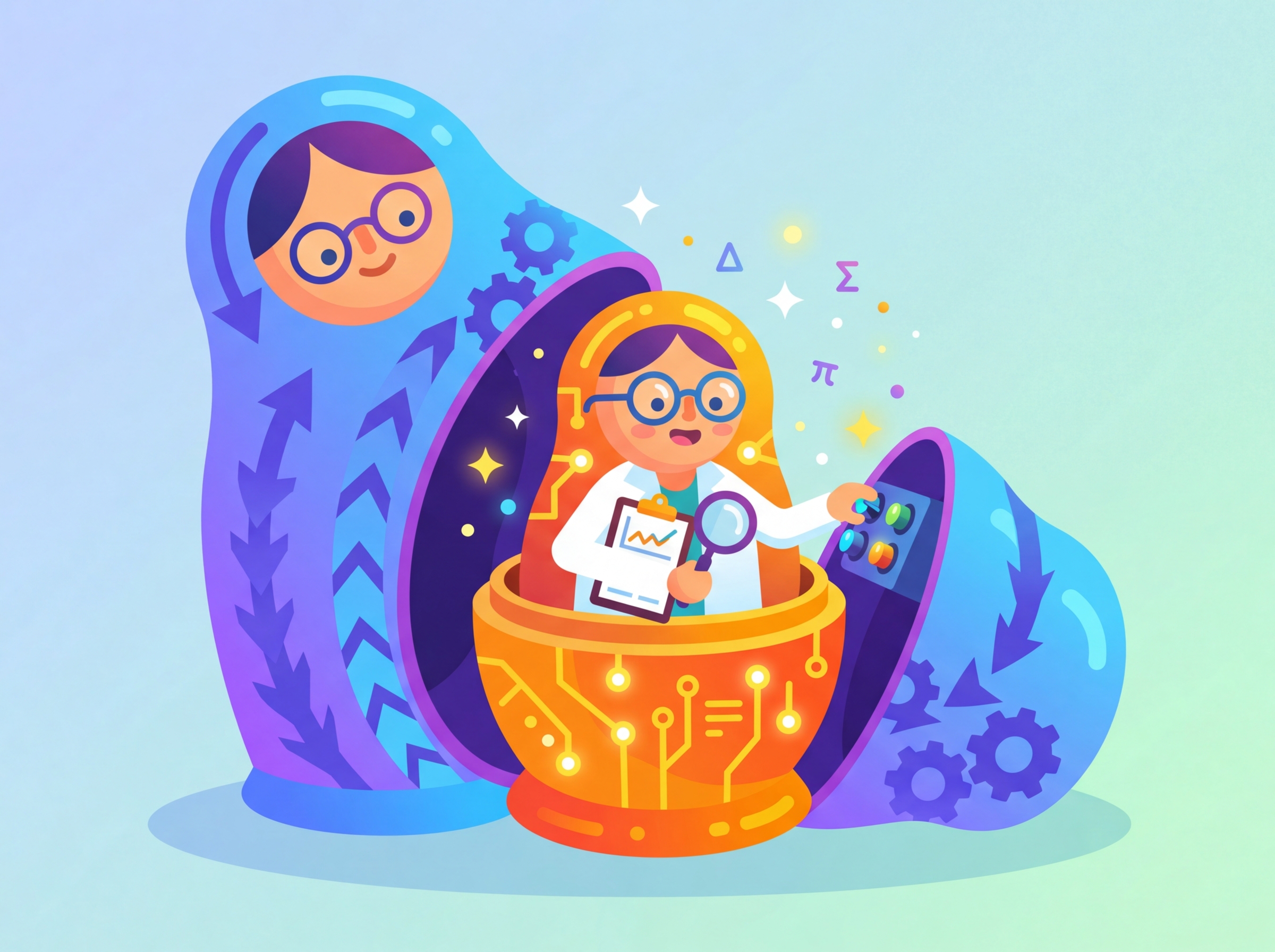 Russian nesting dolls illustrating mesa-optimization, where an inner optimizer emerges inside the trained model