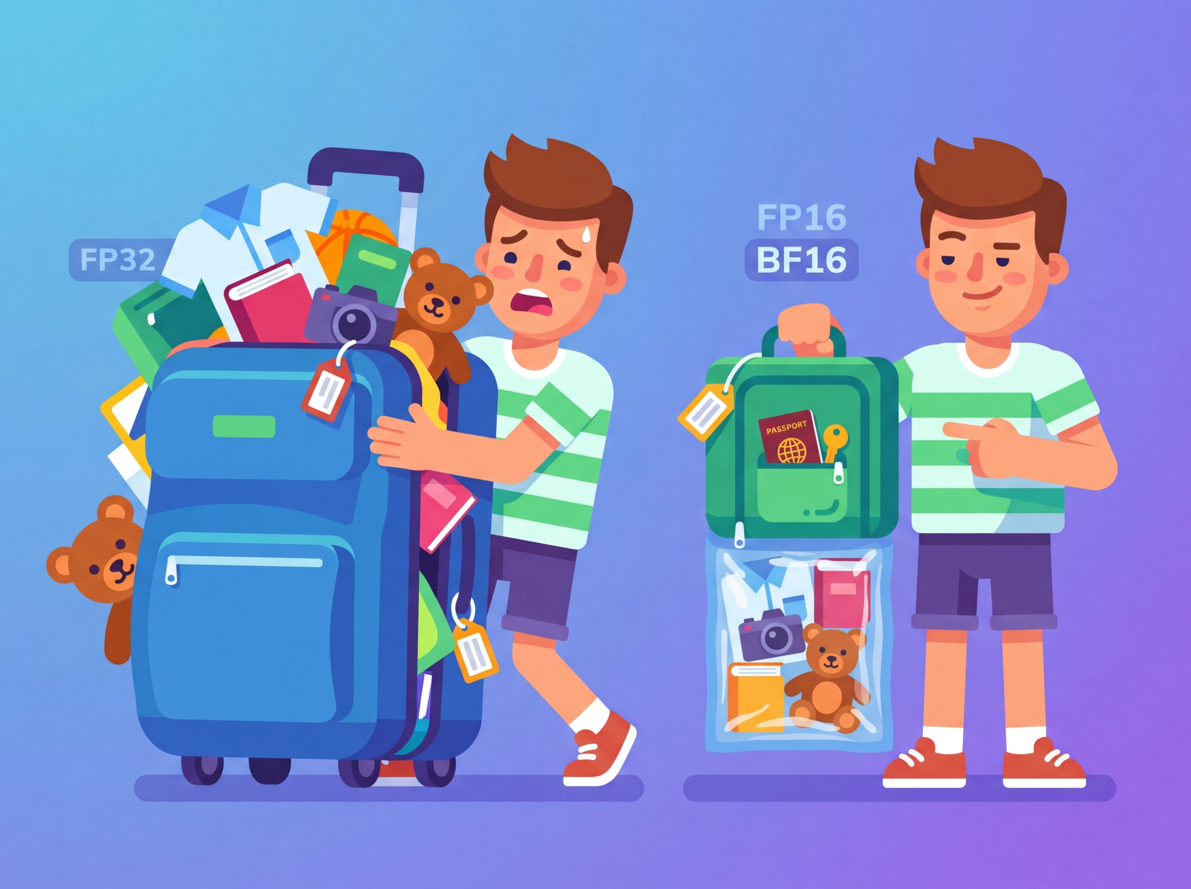 A suitcase packing metaphor showing how mixed precision training fits more data by using smaller number formats