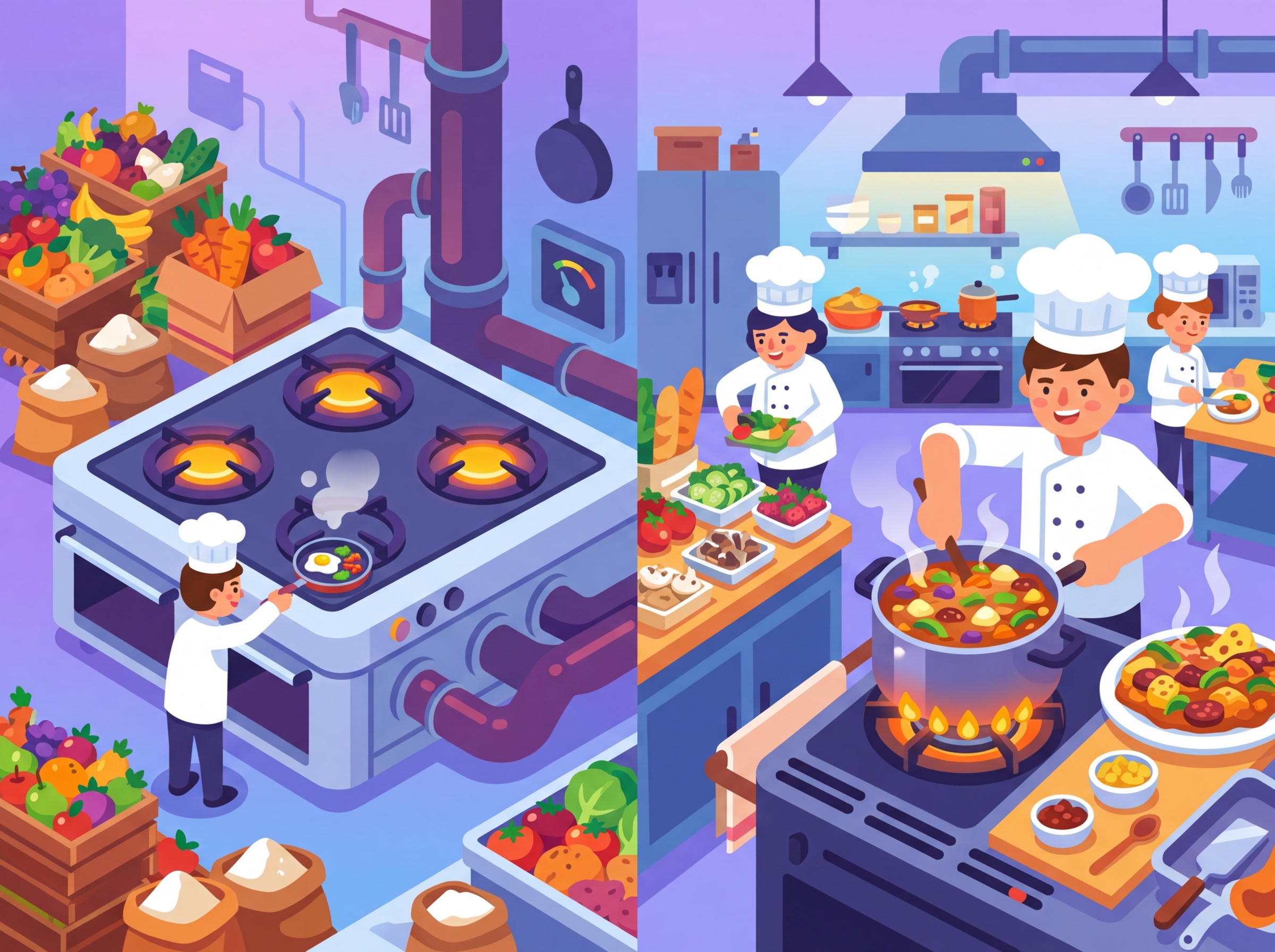 A kitchen metaphor for scaling laws showing the relationship between ingredients (data), oven size (compute), and recipe complexity (parameters)