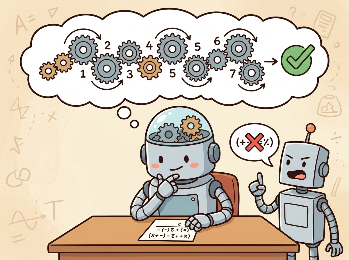 A model shown deep in thought with visible chain-of-thought reasoning steps before producing an answer