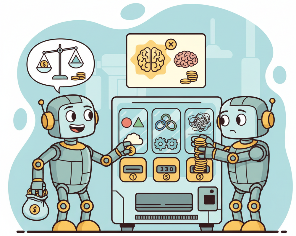 Two robots at a vending machine dispensing thinking time: a wise robot inserts one coin for an easy problem while a wasteful robot dumps all its coins for the same simple task, illustrating compute-optimal inference budgeting
