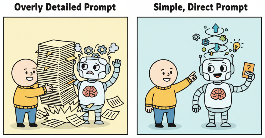 Two panels contrasting prompting approaches: on the left a human overwhelms a capable robot with a thick instruction manual, on the right the same human hands a simple problem card to a happy robot that reasons through it with an internal thought spiral