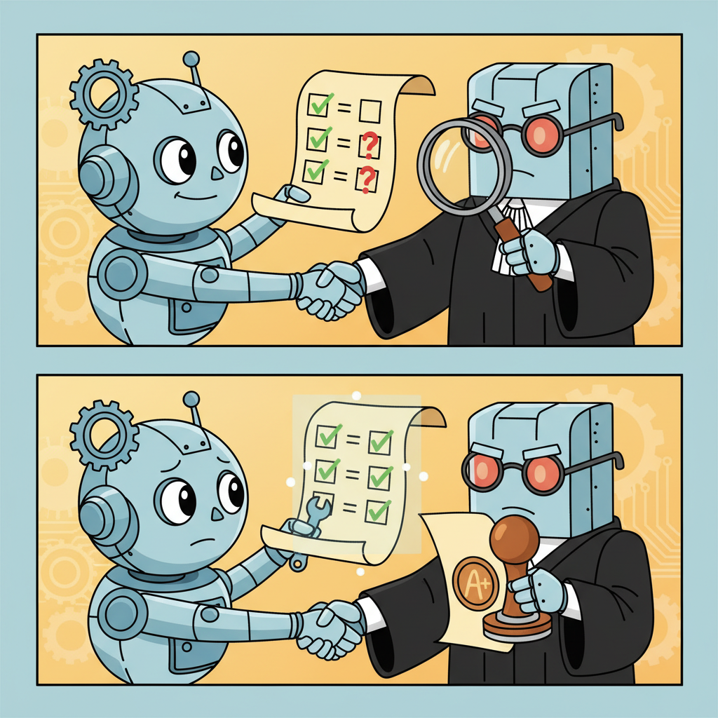 A friendly creative robot and a stern judge robot in a robe shaking hands after successfully verifying a formal proof, with green checkmarks on every step of a scroll and an official seal of approval
