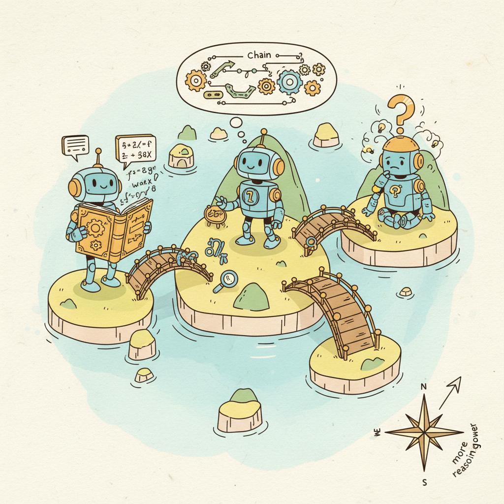 A cartoon archipelago map showing different reasoning model families as friendly robot characters on separate islands, connected by bridges representing shared techniques, with a compass pointing toward greater reasoning power