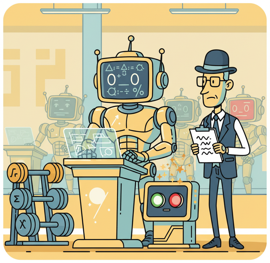 A cartoon robot gym where a robot trains on reasoning exercises under a coach robot holding a clipboard, with a scoring machine showing green and red lights for correct and wrong answers, and dumbbells labeled with increasingly difficult problems