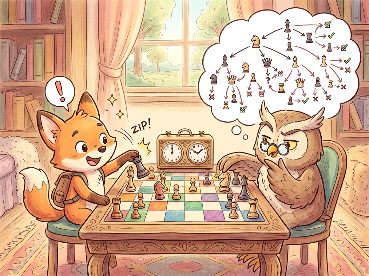 Two chess players side by side, one making instant reflexive moves while the other pauses to examine a thought bubble showing branching move sequences before carefully placing a piece