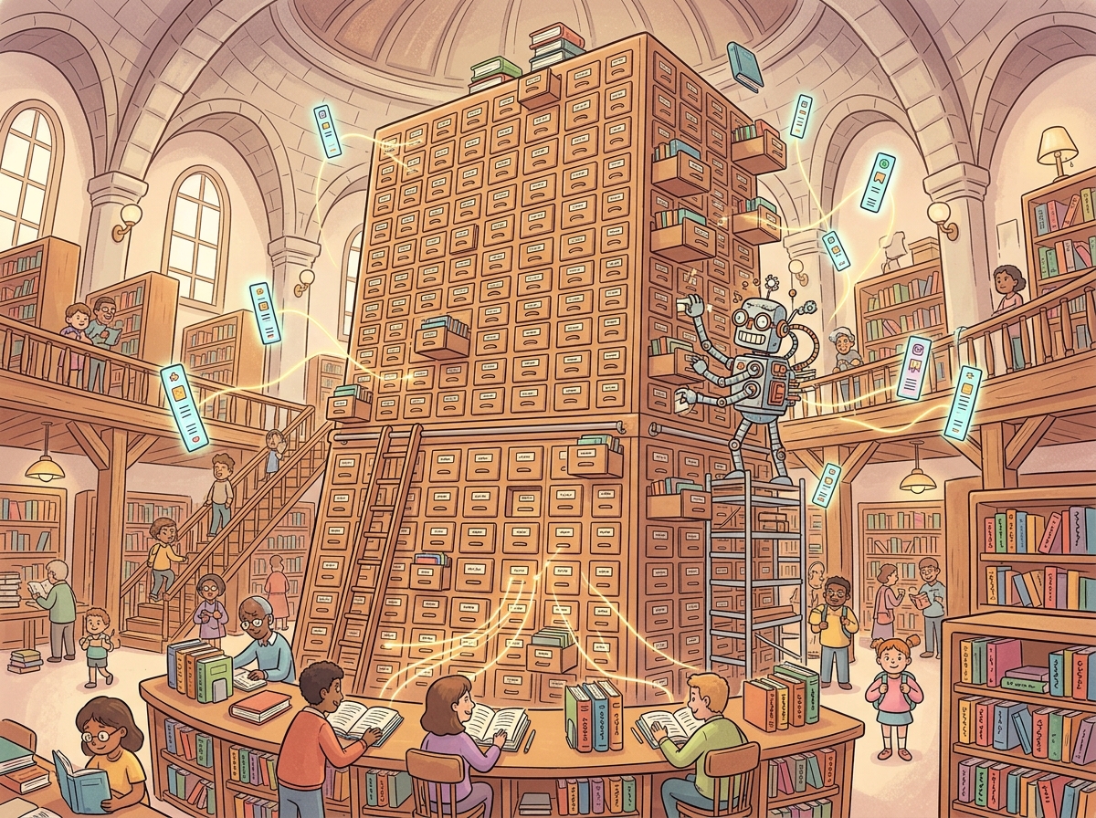 A librarian robot managing an enormous expanding filing cabinet where drawers grow taller with every book checked out, with some drawers shared between patrons and a paging system using virtual bookmarks