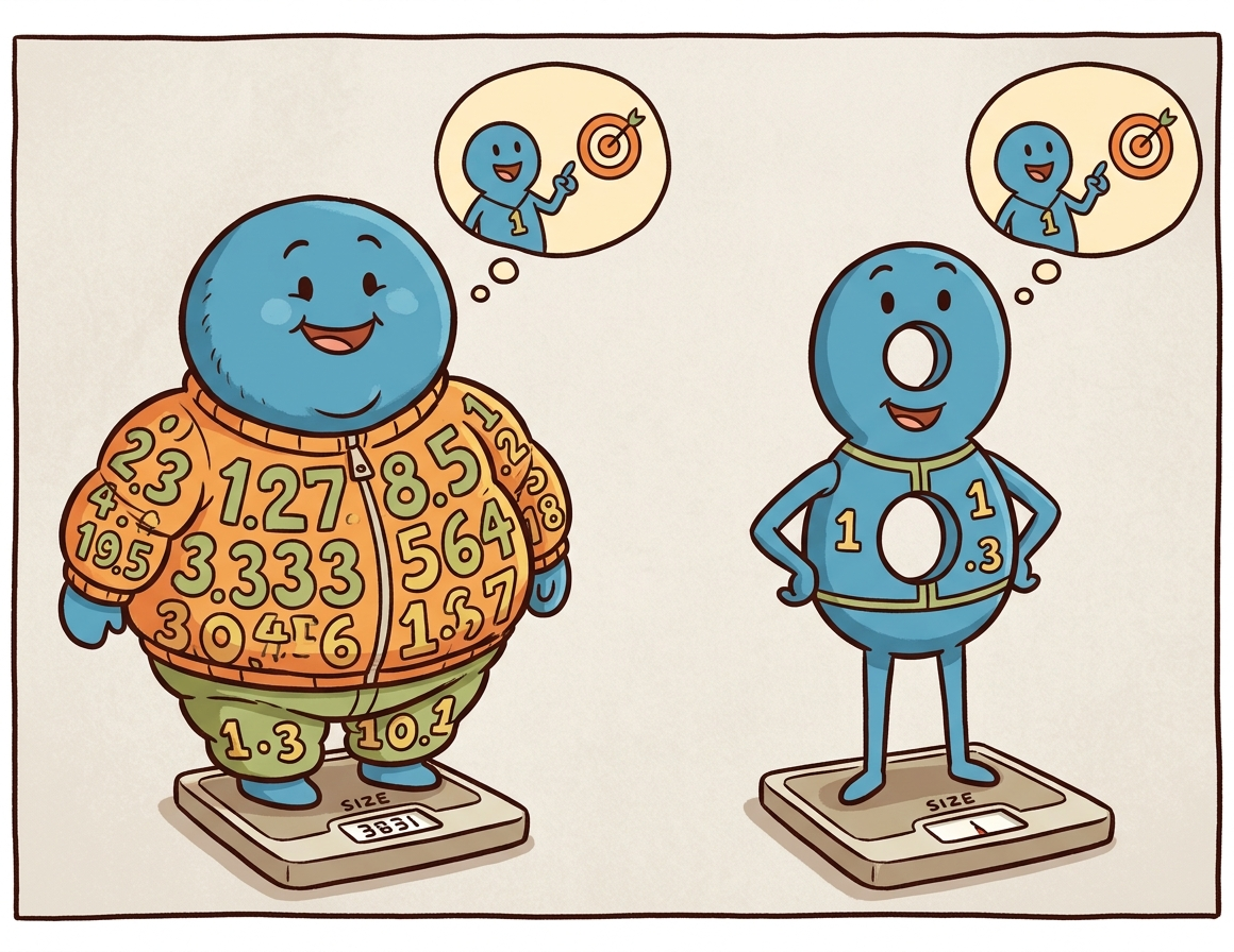 A model going on a diet, shrinking from 32-bit to 4-bit precision while trying to maintain its figure (accuracy)