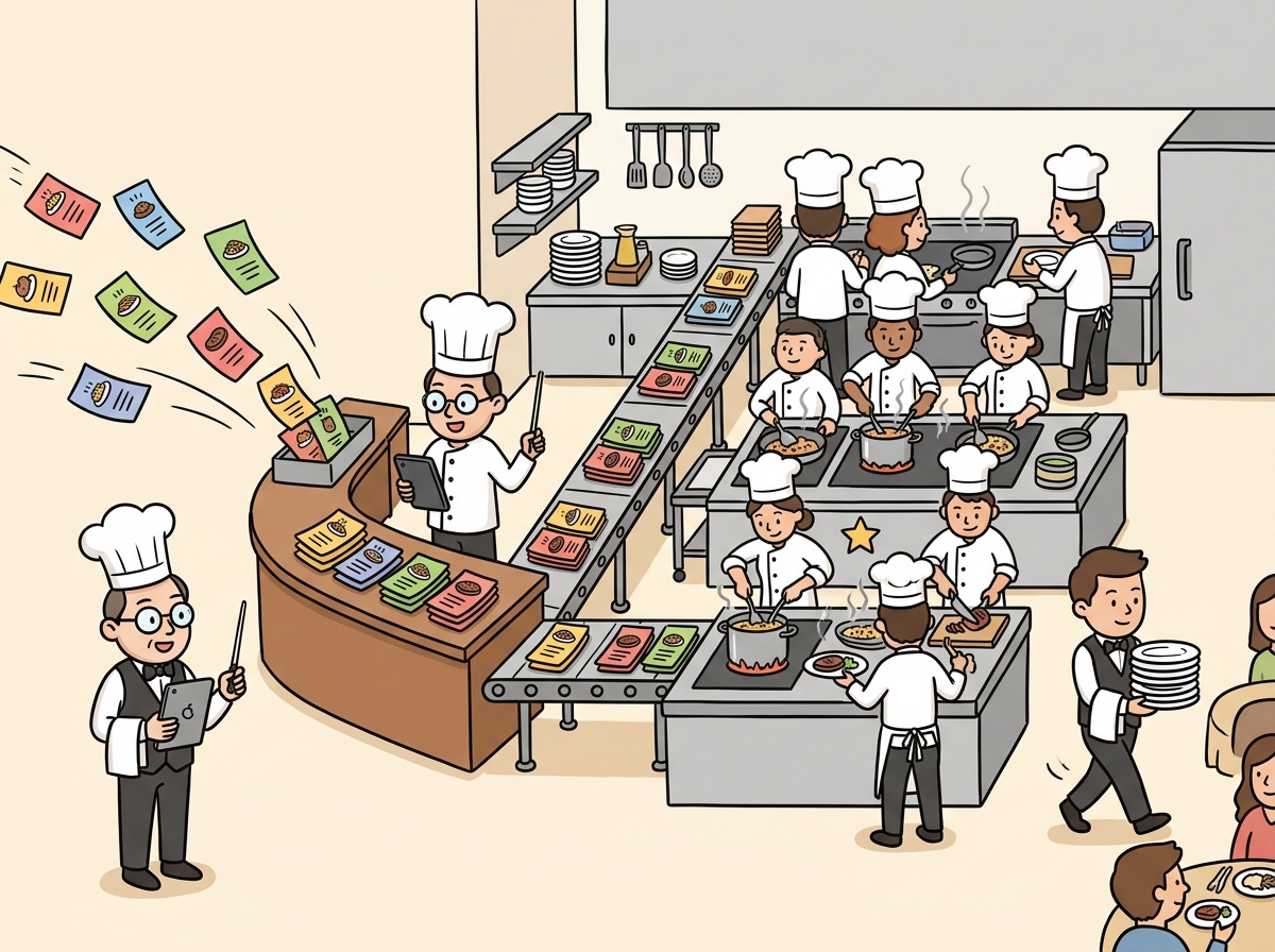 A restaurant kitchen metaphor for the LLM serving stack with load balancers as hosts, inference engines as chefs, and APIs as waiters