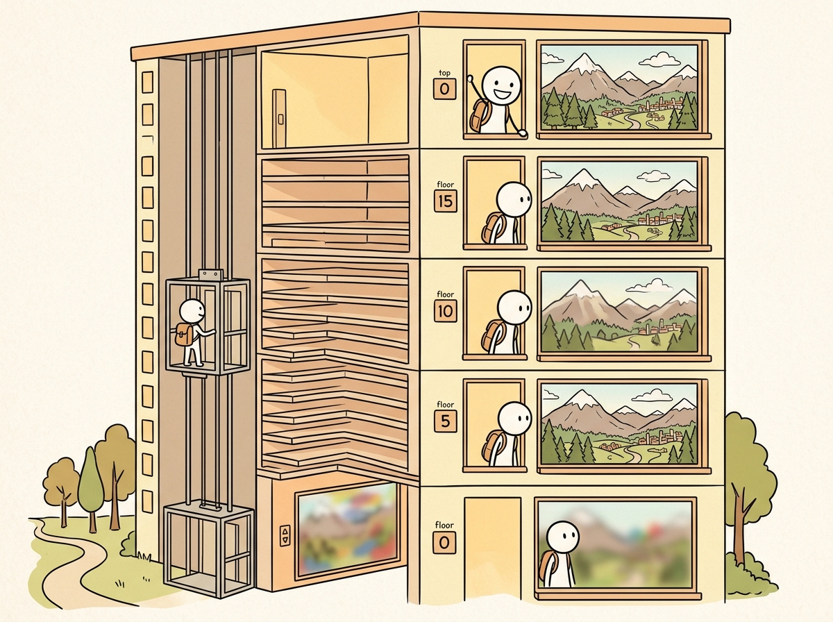 A cross-section view of a building showing different floors processing information differently, representing the logit lens view of transformer layers
