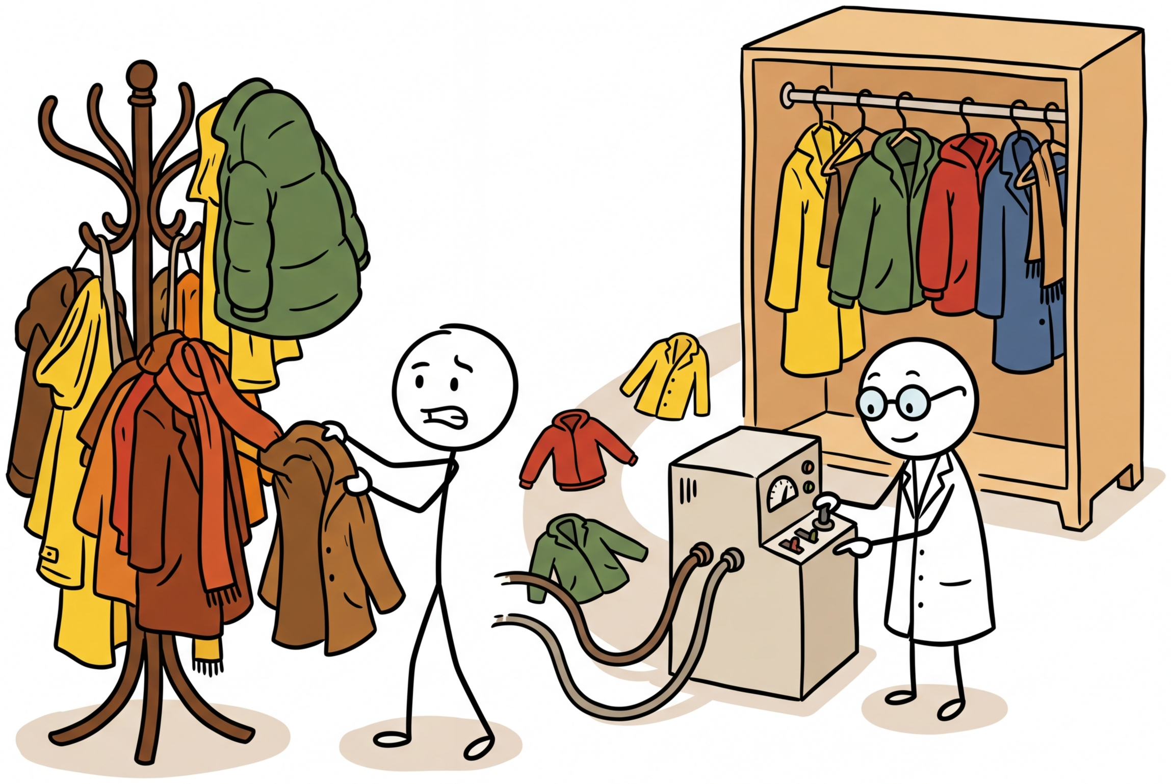 A coat rack with too many coats hanging on too few hooks, representing how neural networks store more features than they have dimensions