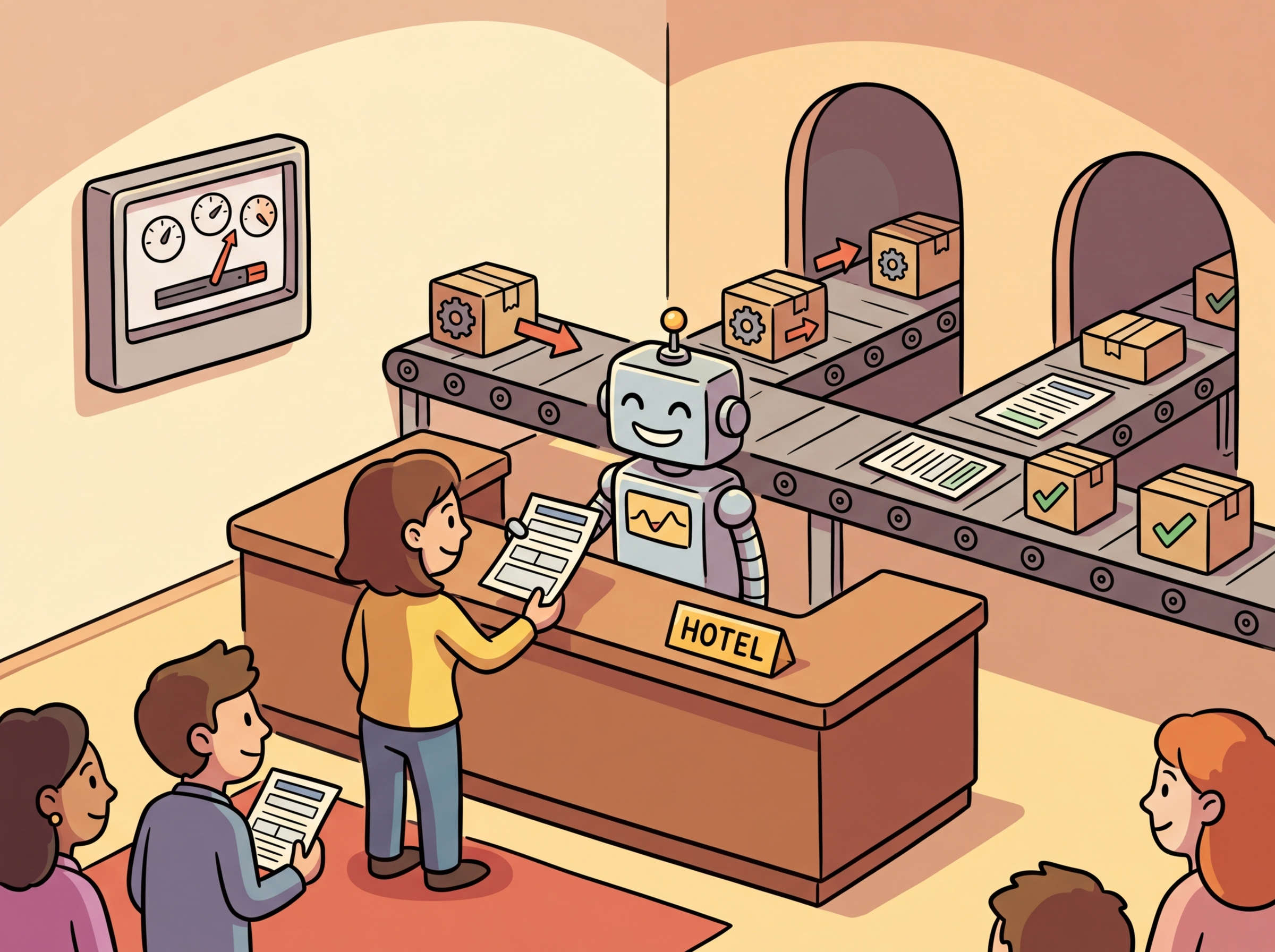 An API depicted as a hotel receptionist handling requests, managing rooms (models), and processing check-ins (prompts)
